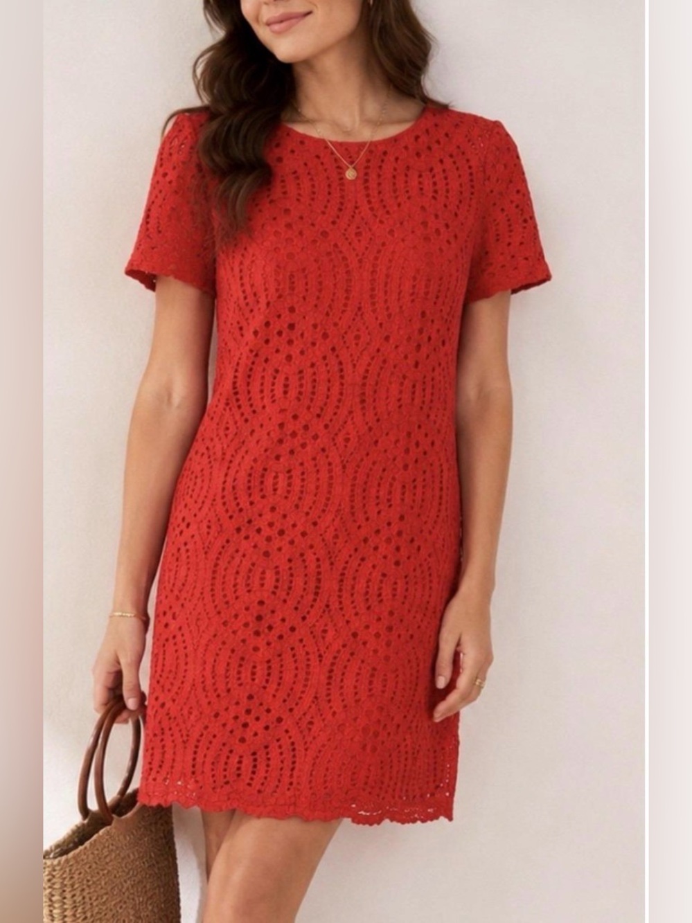 J. Crew Dress Eyelet Lace Short Sleeve Mini Coral Red Scalloped Hem Women 12